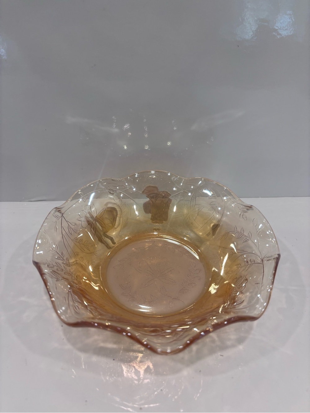 Vintage Pink Depression Glass Floral Etched Berry Bowl Scalloped Rim 6”